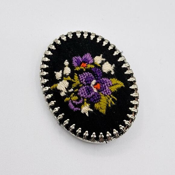 Vintage Jewelry - Vintage Black Purple Green Silver Floral Embroidered Needlepoint Oval Brooch